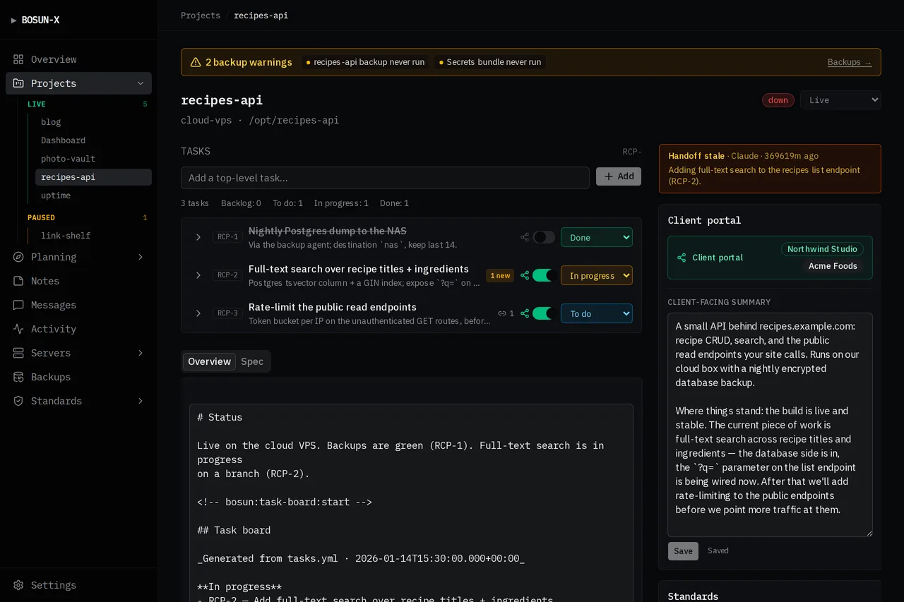The bosun-x detail page for a demo project, showing its tasks, status, standards results and latest handoff.